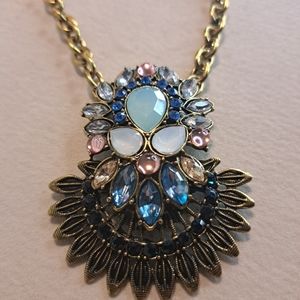 Vintage Bronze Tone Aqua Pink Blue Statement Necklace 28"L